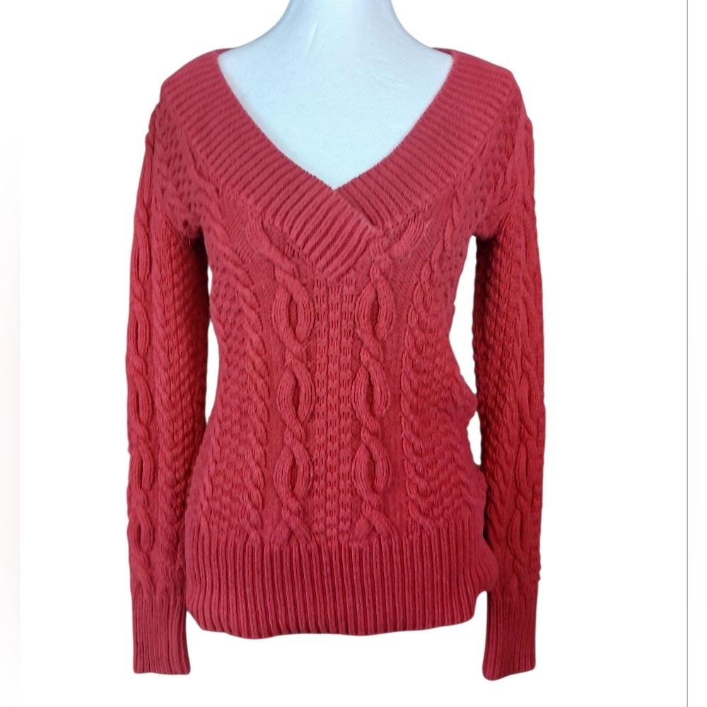 🍂Moda International Vintage 90s Dark Red Cable Knit V-Neck Sweater Cotton Small